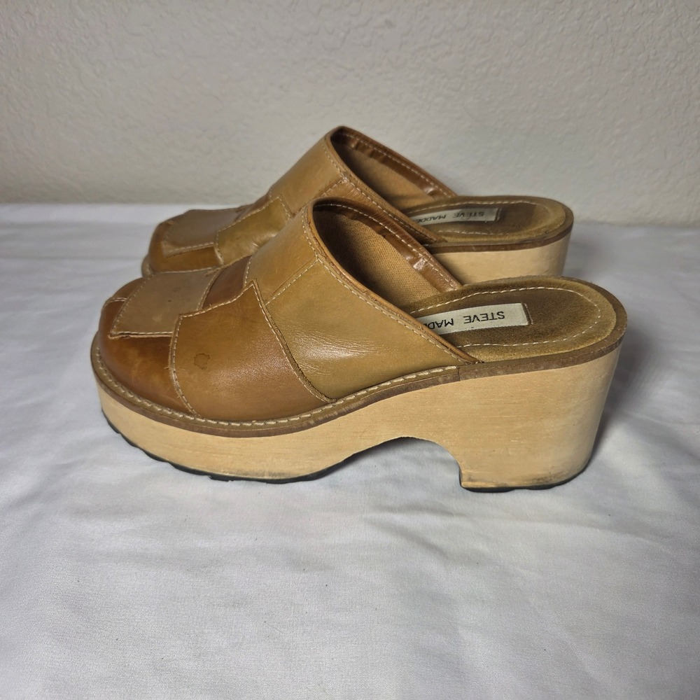 Steve Madden Curlie Tan Brown Patchwork Leather Wood Platform Mules Clogs 7B